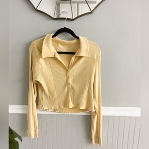Aerie Pale Yellow Collared Ribbed Knit Cropped Long Sleeve Top Size XL